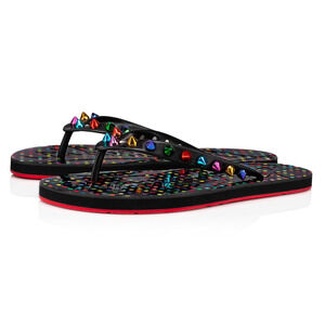 Christian Louboutin Loubi Flip Spikes Donna Flat Black Thong Flip Flop Sandal 36